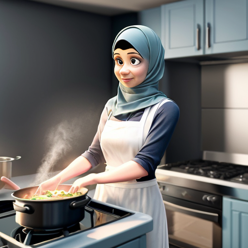 Pixar-style 3D cartoon character, standing at the stove, cooking gesture, exaggerated cartoon features, big expressive eyes, Muslim woman 35-40 years old, fully covered in wide light blue dress, headscarf covering all hair, modest appearance, gray background, consistent character, simple cartoon style, cinematic lighting