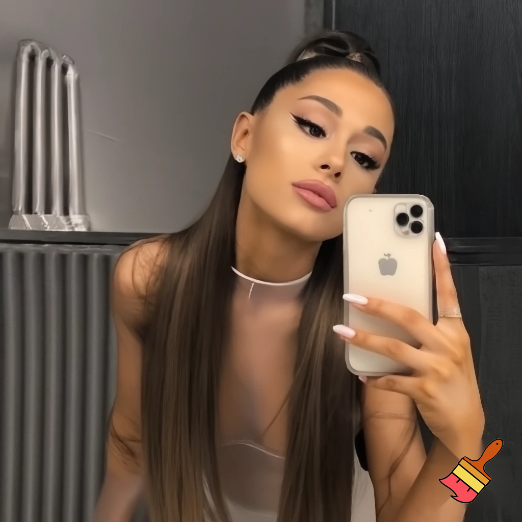 ariana grande wearing a transparent bodysuit holding her phone in the floor selfie ,sexy hot bunny