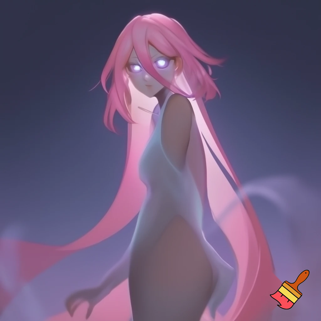 Anime  girl with long pink hair, curves, ghost outfit, glowing eyes