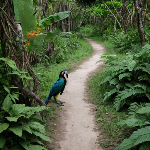 “Macaws, monkeys, lush plants surrounding 
on a forest path.”
