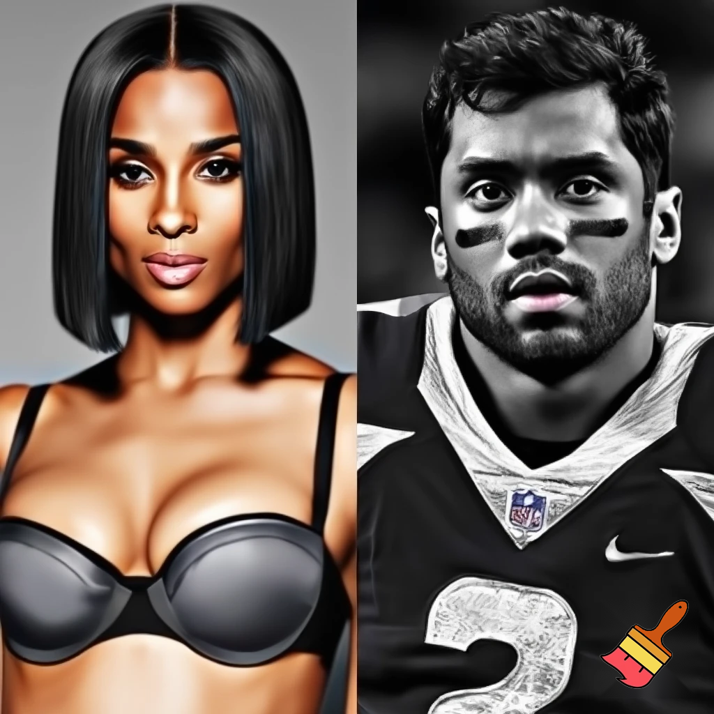 Ciara with a black sleek middle part bob hair wearing a grey and black bra and Russell Wilson wearing a football jersey in a black and white Vogue photograph 