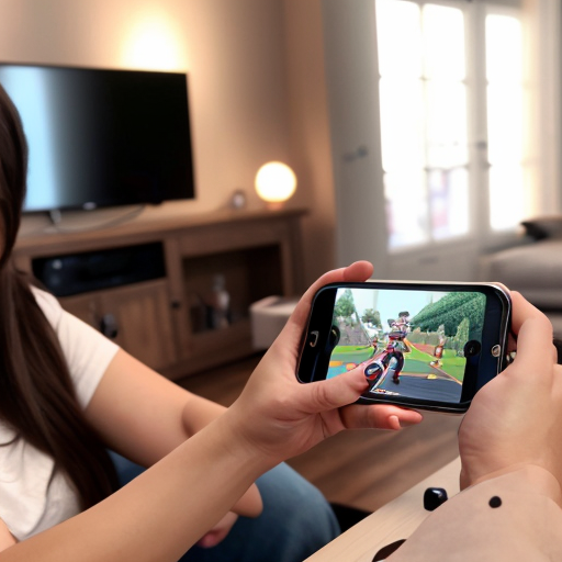Goretzka play game on apple phone and Vanessa play game on apple phone at the living room 