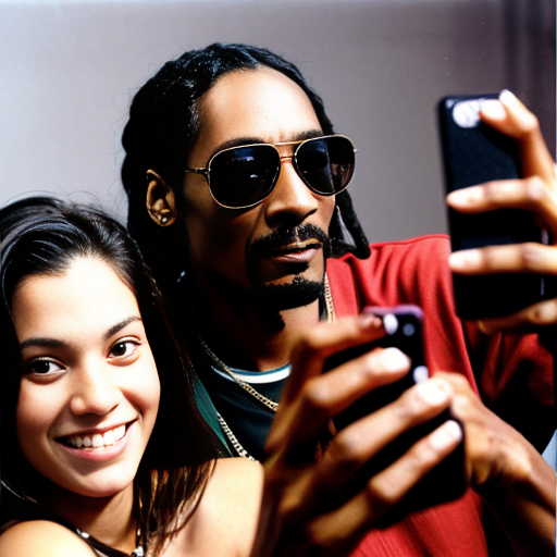 Snoop dogg taking a selfie with friends. 1990s color photo. 