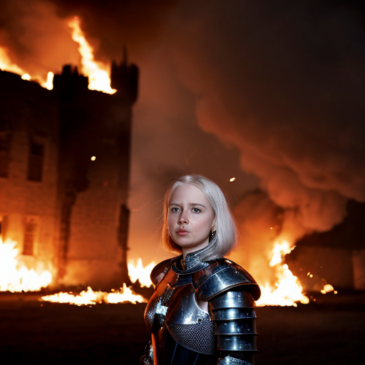young, tall, white-haired woman in armor stands in front of a burning castle into which meteorites are falling.