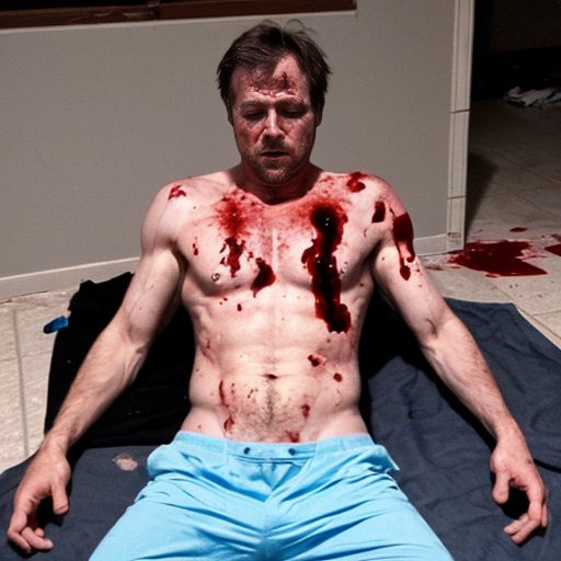 shirtless random man (neighbor, not everyone has 6 pack.), face are hiding by shirt, died already, chest are open wounded circle in random man, blood everywhere, eye closed, floor on corpse body, not pant less.