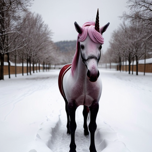 pink unicorn in a snowy field, photorealistic