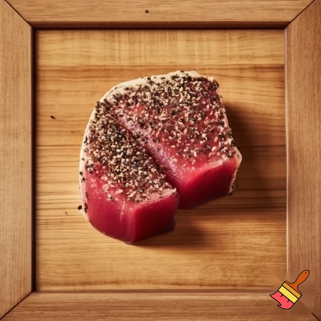 Make this image of pepper encrusted tuna steak look photo-realistic, keep all the colors the same, but remove the black background and change it into a classy hardwood background, center the image into a 1:1 square, add a matching hardwood border.