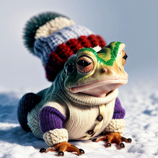 A laughable, puzzled animal toad in woolen, multicoloured winter clothings with woolen winter cap. Hyperrealistic art style.