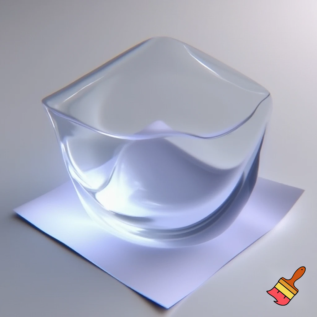 Imagine a flexible, gel-like bowl placed on top of a square piece of paper. The bowl’s material stretches and conforms perfectly to the square edges and corners of the paper, creating a smooth, dome-like shape. The bowl’s surface molds seamlessly to the square outline, resulting in a perfectly fitted, stretched, and dome-like appearance.