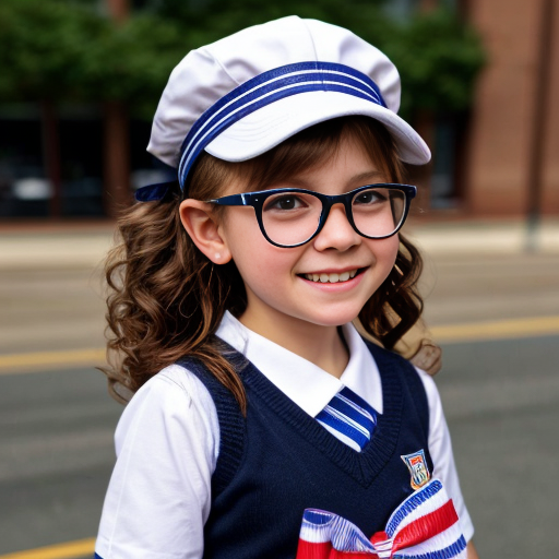 Cute adorable niña Chilindrina glasses con hair lazo curly con verano sailor uniforme escolar con zapatos negros escolar con calcetines blancos con sombrero sailor con grupal con caminar con desfile Estados Unidos América bandera con ciudad 62