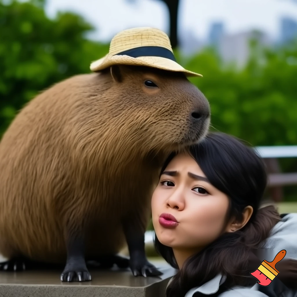 a woman is mad at the capybara in a hat



