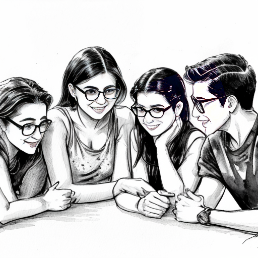 black and white manga style illustration, Indian Christian girl meeting 4–5 guy friends of her best friend for the first time, emotional and cute atmosphere, modern city setting, heroine looking at a tall boy with short straight hair and rectangle glasses, shy smile, expressive eyes, detailed ink line art, Japanese manga style, cinematic composition, manga panel layout, no color