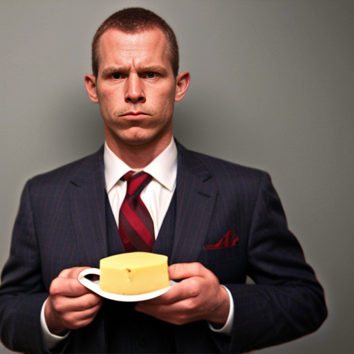 Strong rat, cheese in hand, mug shot evil with suit