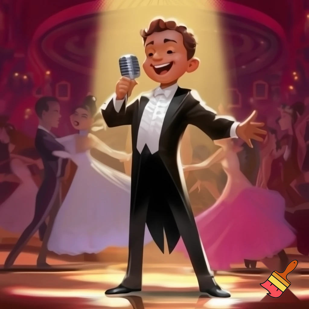 Preteen Boy in Top Hat White Bowtie Black Tailcoat Black Shoes Singing in Microphone on a big Stage. Behind him Ballroom Dance Kid Couples Dancing, the Boys in formal stylish Tailcoats, the Girls in beautiful Ballroom Gowns