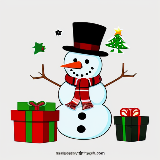 Snowman with a Christmas tree surrounded by gifts with the text Merry Christmas