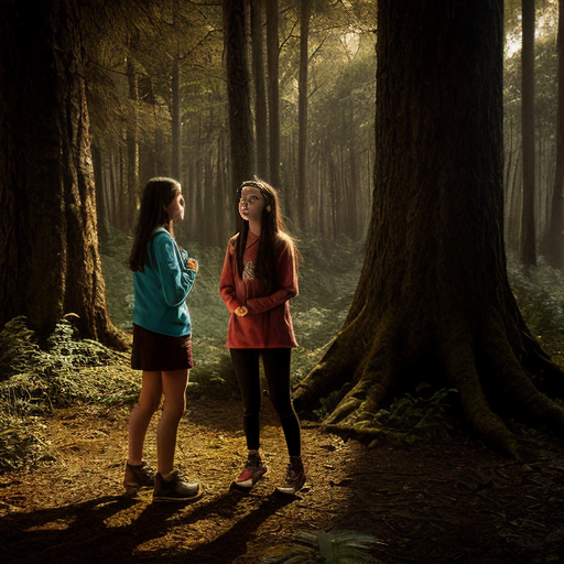 “Spirit Yuruparí emerging from golden light, speaking to a teen girl in the forest.”