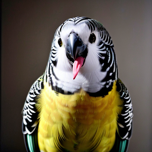 murray the budgie green with a yellow head, an a big toothy grin