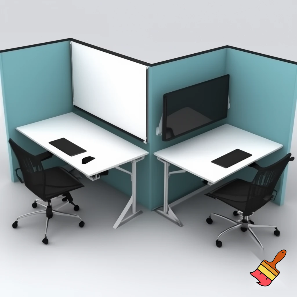 to arbejdsstationer , som består af 2 vægge 1,5 m høje, som står overfor hinanden ( på den ene - er whiteboard, på den anden - en skærm), med et klapbord på den ene side af hver væg (under whightboardet og skærmen), 2 stole på begge sider af hvert klapbord