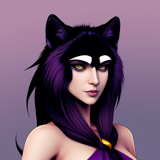 Anthropomorphic female black wolf with long pretty hair and purple eyes 