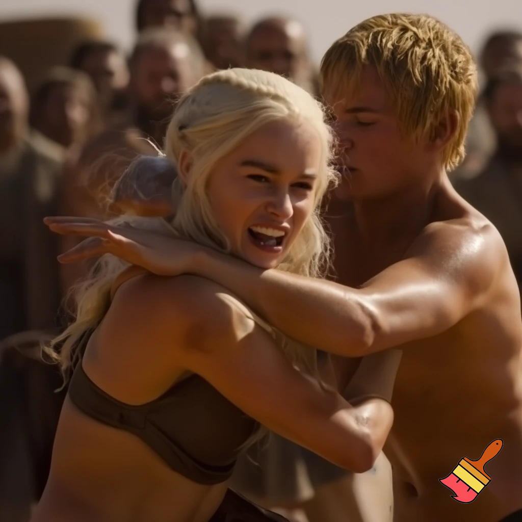 Daenerys Targaryen and Cersei Lannister wrestling in the desert , Cersei Lannister is under Daenerys and losing. Both are naked and all sweaty 
