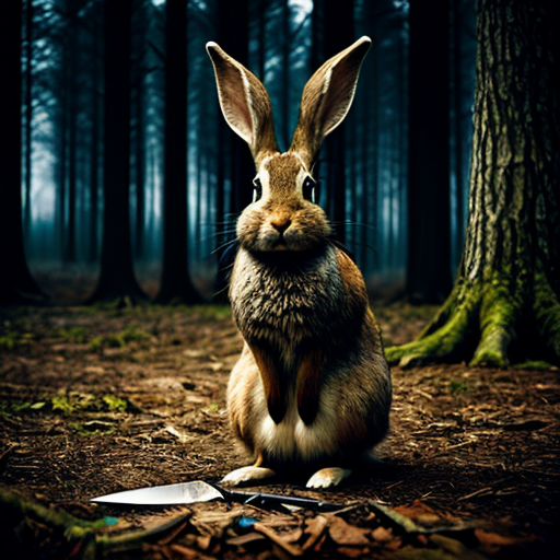 European rabbit, holding knife, dark forest, evil,