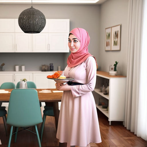 Pixar-style 3D cartoon, Muslim woman, 50 years old, fully covered, headscarf covering all hair, modest appearance, wide flowing pink dress, standing in a modern living/dining room, placing plates on the table, preparing food to eat, medium-class interior, neutral colors, simple furniture, cozy atmosphere, bright friendly lighting, simple cartoon style