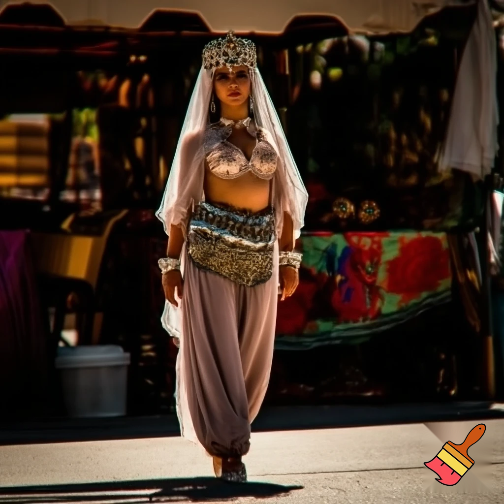 Attractive Moroccan woman wearing a headpiece, a veil, ornate cuffs, a bejeweled bra, a coin belt, harem pants and ballroom dance shoes in California 