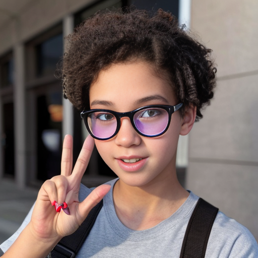 Realistic teenage girl with medium brown curly 2A hair, brown eyes, purple glasses, a dark grey t shirt with a white bow, black wide leg sweatpants and brown ugg shoes doing the peace sign with both hands and also doing the kissy face