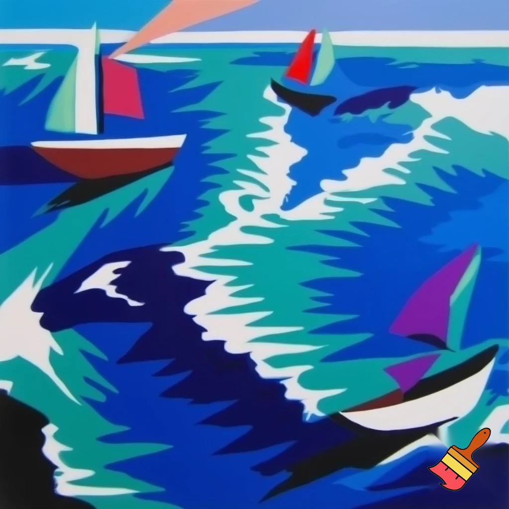 postmodern acrylic painting sea and boats 