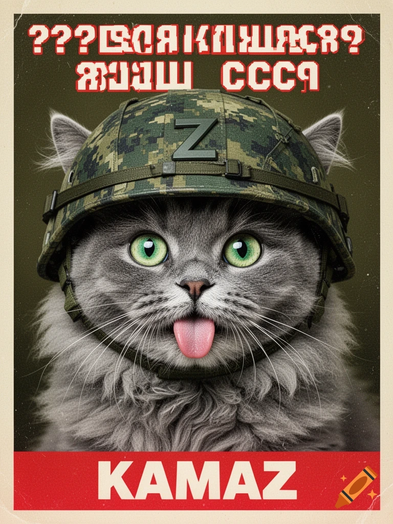 A hyper-realistic close-up portrait of a fluffy gray Siberian cat with bright green eyes, sticking its tongue out playfully. The cat is wearing a digital pixelated camouflage military helmet. The style is a Soviet-era military propaganda poster or socialist realism, with bold stylized graphics, high contrast, and a limited color palette of olive green, black, red, and white. In the background, bold Cyrillic text in red and white: at the top "БООРУЖЕННЫЕ СИЛЫ РОССИИ" (Armed Forces of Russia) and at the bottom "KAMAZ". The letter "Z" is prominently displayed on the side of the helmet or in the background. The image has a slightly grainy, vintage print texture. The mood is ironic and humorous, mixing cuteness with military aesthetics. --style raw --ar 2:3