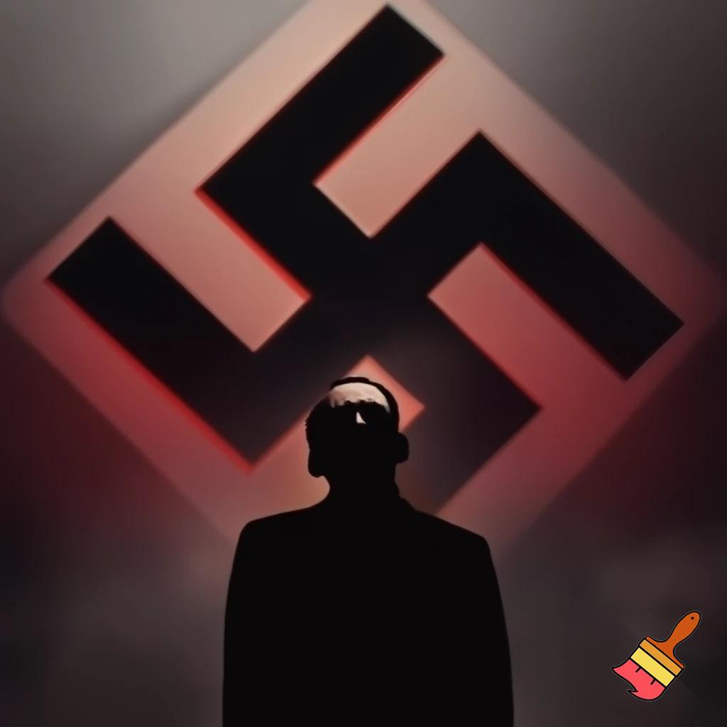 Adolf Hitler in front of a swastika