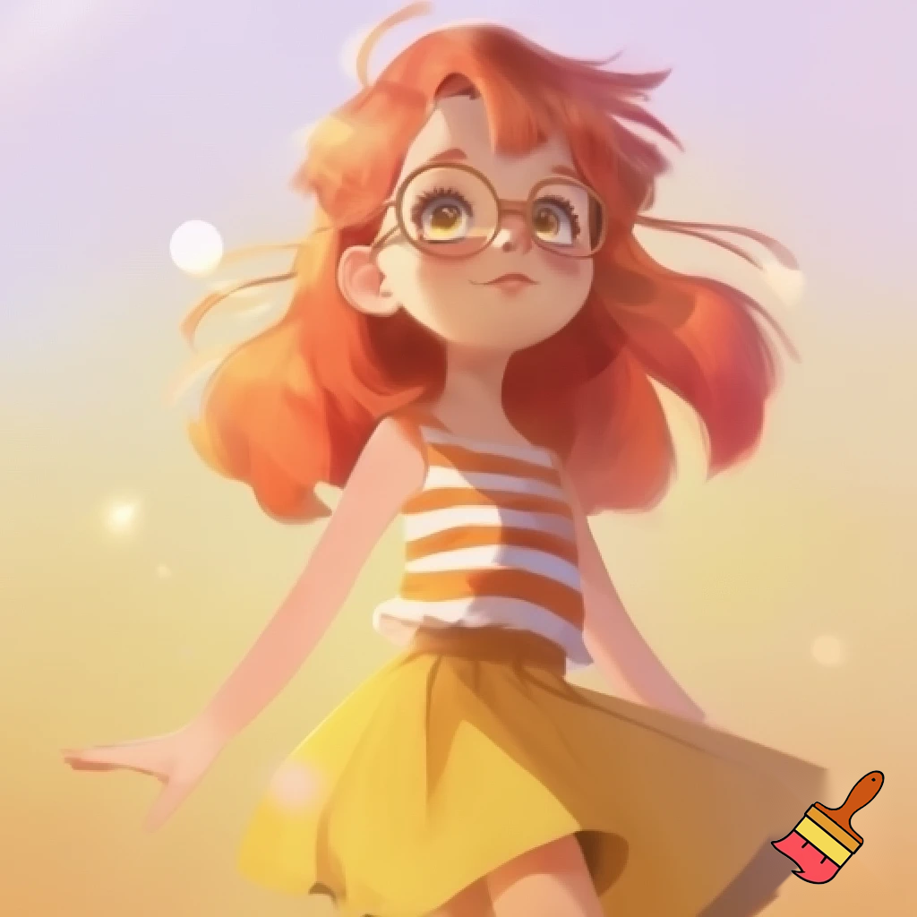 a girl with orenge hair and glassess with white and orenge stripes and a yellow skrit