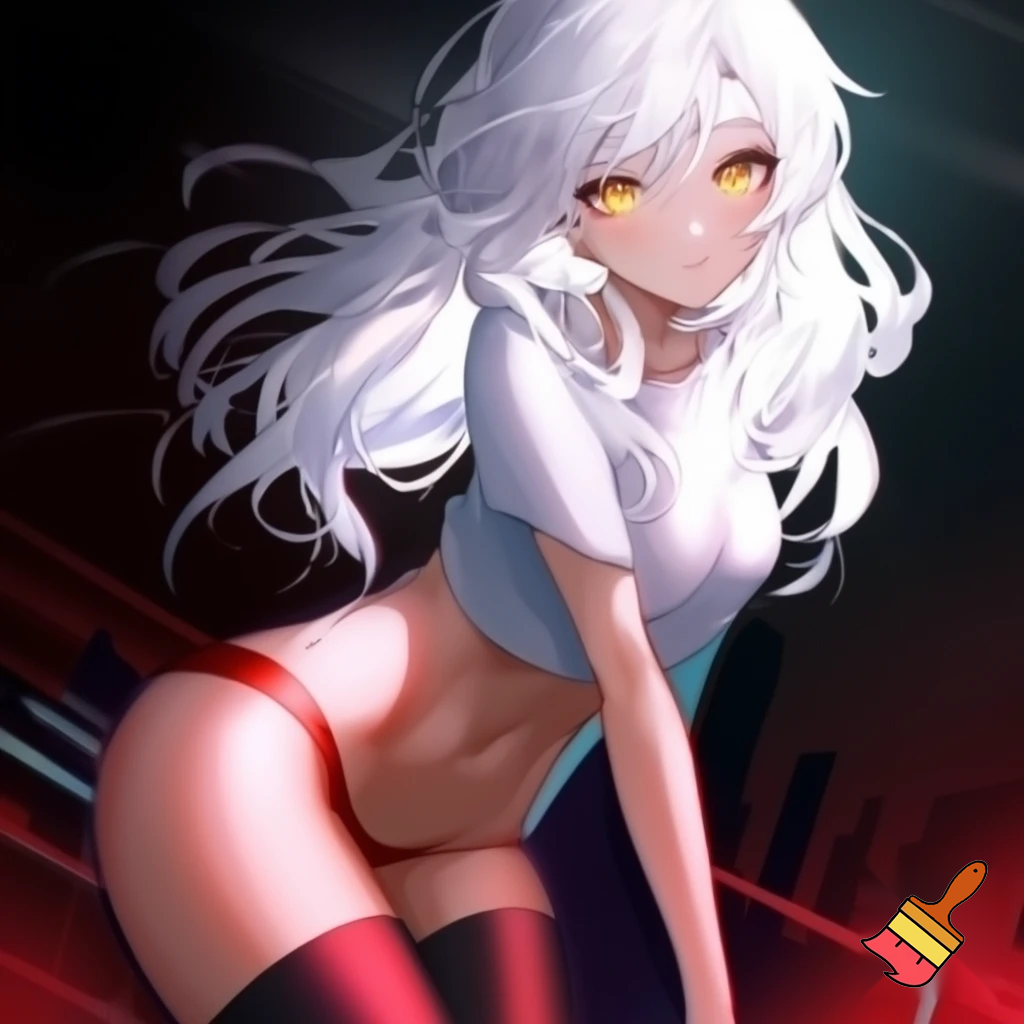 Anime girl 20 years old so cool and cute with red underwear clothes is dressing very short shirt and thigh high socks is standing in cool pose and tall white hair and gold eyes make is so anime and make it so cool and cute