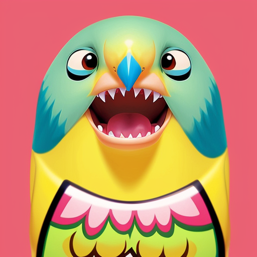 murray the budgie green with a yellow head, an a big toothy grin