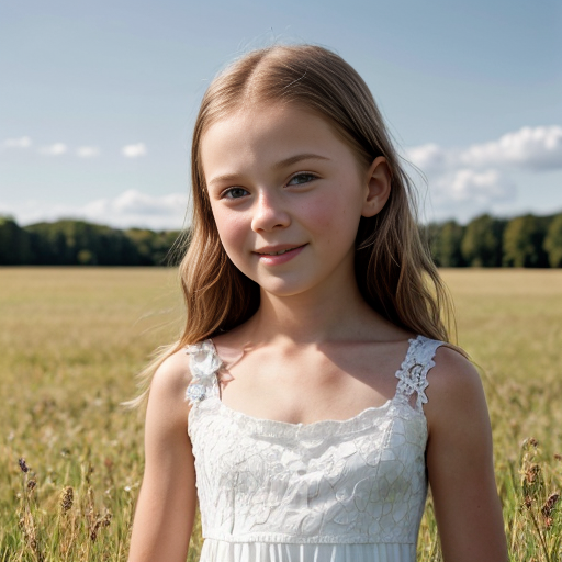 A young girl in a white dress in a sunny meadow
