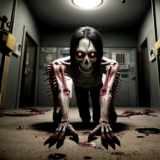 or bathed in the flickering greenish glow of shattered emergency lights, where the air itself seems to pulse with malignant energy. A ghostly nurse with hollow, weeping eye sockets floats mid-air, her tattered uniform streaked with phantom blood, while a skeletal demon—its ribcage split open to reveal writhing, vein-covered organs—crawls along the ceiling like a grotesque insect. In the foreground, a freshly reanimated zombie drags its own spilled intestines behind it, jaws unhinged in a silent scream, while the walls weep rivulets of blackened blood that coalesce into grasping handprints. The floor is littered with twisted medical instruments fused to half-dissolved corpses, their flesh melting into the tiles in a nightmare of biological corruption. A spectral surgeon looms in the background, his surgical mask sewn directly into rotting skin, holding a rusted bone saw that drips with something far thicker t