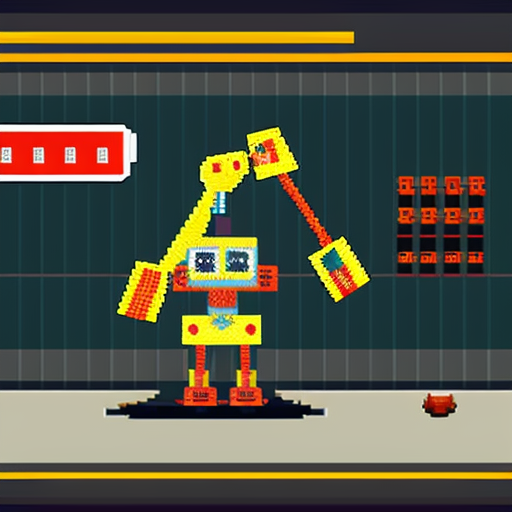 Make a pixel art of a enemy that is a robot crane head and has crane arms is really tall and is found in junkyards they could also shot balls of energy and this is a enemy for jumpbot the main charecters in our game