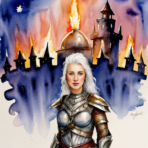 young white-haired woman in armor stands in front of a burning castle into which meteor are falling