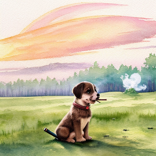 Roztomilé hnědé štěně drží v tlamě  lehce kouřící klacík, stojí proti zapadajícímu slunci, kolem louka a les. Kouř tvoří jemný obláček. Pohádková ilustrace, měkké světlo, dětský akvarel, hravá atmosféra.