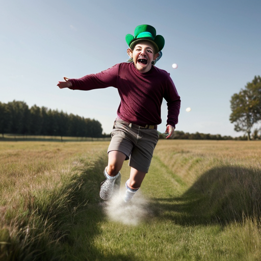 leprechaun running through grass laughing hysterically