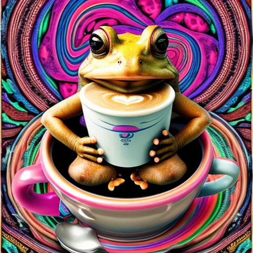 A hillarious, funny boho toad with some hippie colored coffee cups. Psychedelic decorated background.