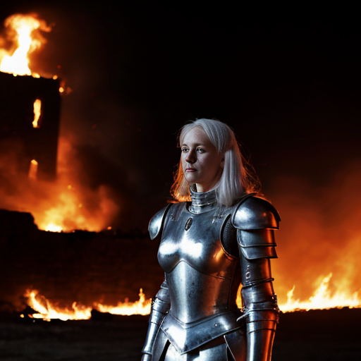 young, tall, white-haired woman in armor stands in front of a burning castle into which meteorites are falling.