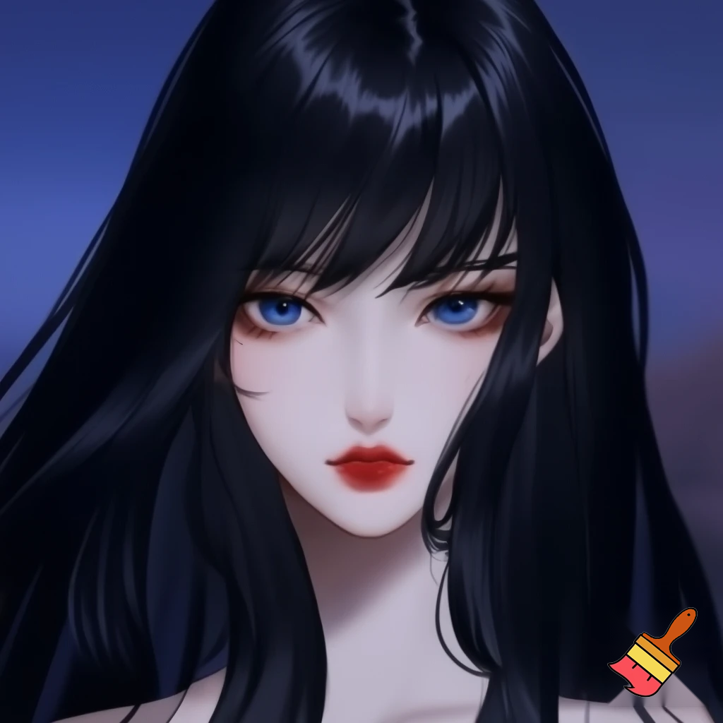 Female lead manhwa long black straight hair , ocean blue eyes, white skin look like Asian ,red lips