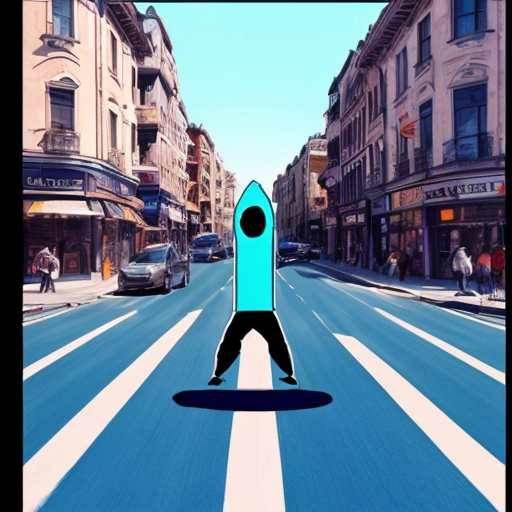 i want a man drawing with blue color high in a centrl road with a car almost to hit him and people doing their shops and making fun of him
