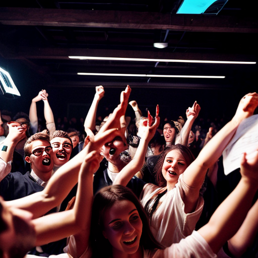 the graduate party with a big group of college students mingles in a group of robots with "AI' name on the body. all of them dance together in the party, cheerfully. under the lights of party with old exam papers everywhere