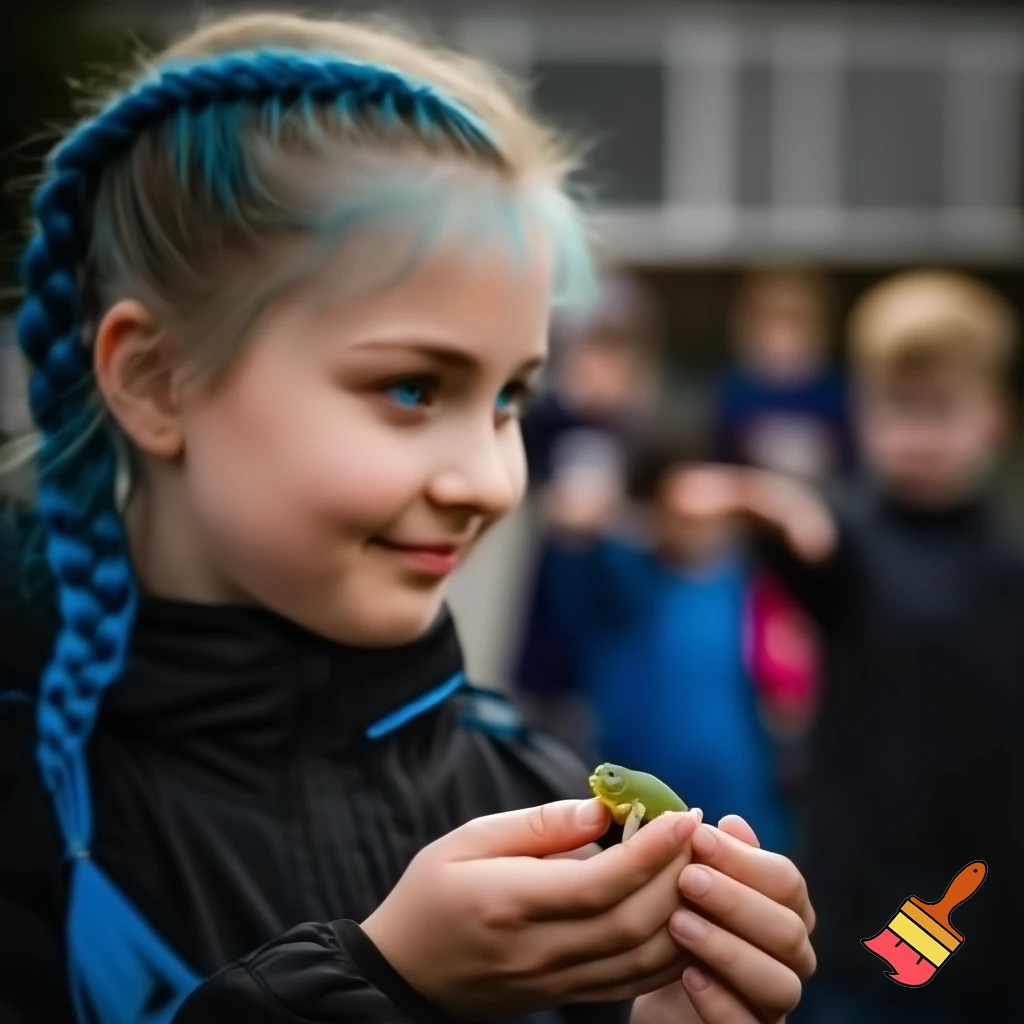 girl with blue braid and has a black jacket with blue eyes
with smile holding a frog all the people was scared of a frog the girl got bulliyed with boys and girls