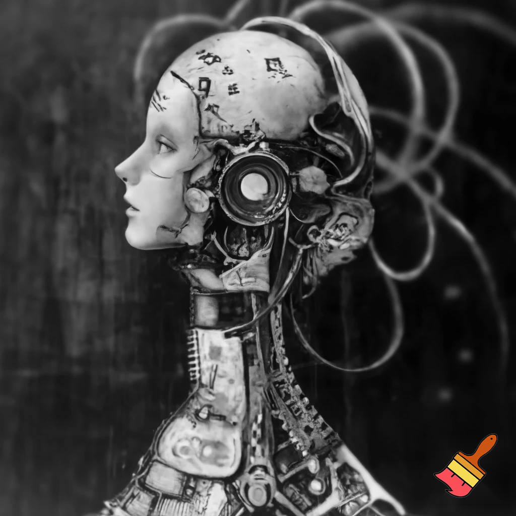 Bio-mechanical girl portrait, noise art. In the style of a 1920's German Expressionism. Black & white.