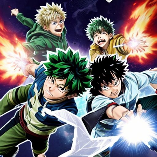 Izuku midoriya green energy blast shooting at kakutsi bakugo locked in battle and shoto todorki shooting ice at izuku and fire at bakugo and they all shotting power at eachother
