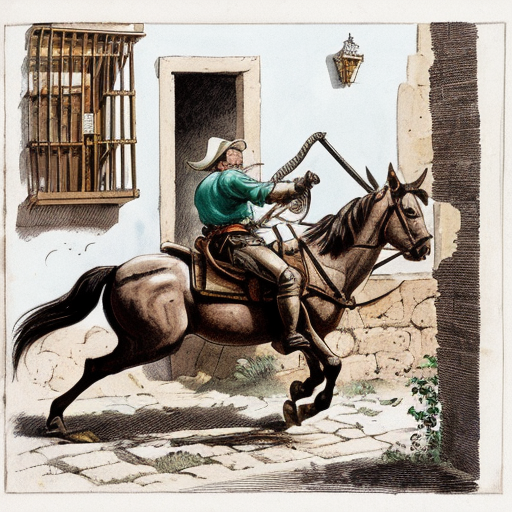 Illustration of a scene from Don Quixote, Scene 7.
A muleteer (arriero) punching Don Quixote.
Don Quixote falling to the ground, armor damaged.
Sancho Panza nearby, shocked and worried.
Old Spanish inn in the background.
Action scene but educational, not violent.
Classic book illustration style, 17th century Spain.
Soft colors, hand-drawn, clear composition.



