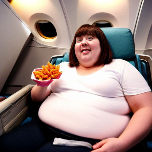 woman in a plane eats alot of hot cheetos she turned fat the inpoley came  in and she eat all her snacks